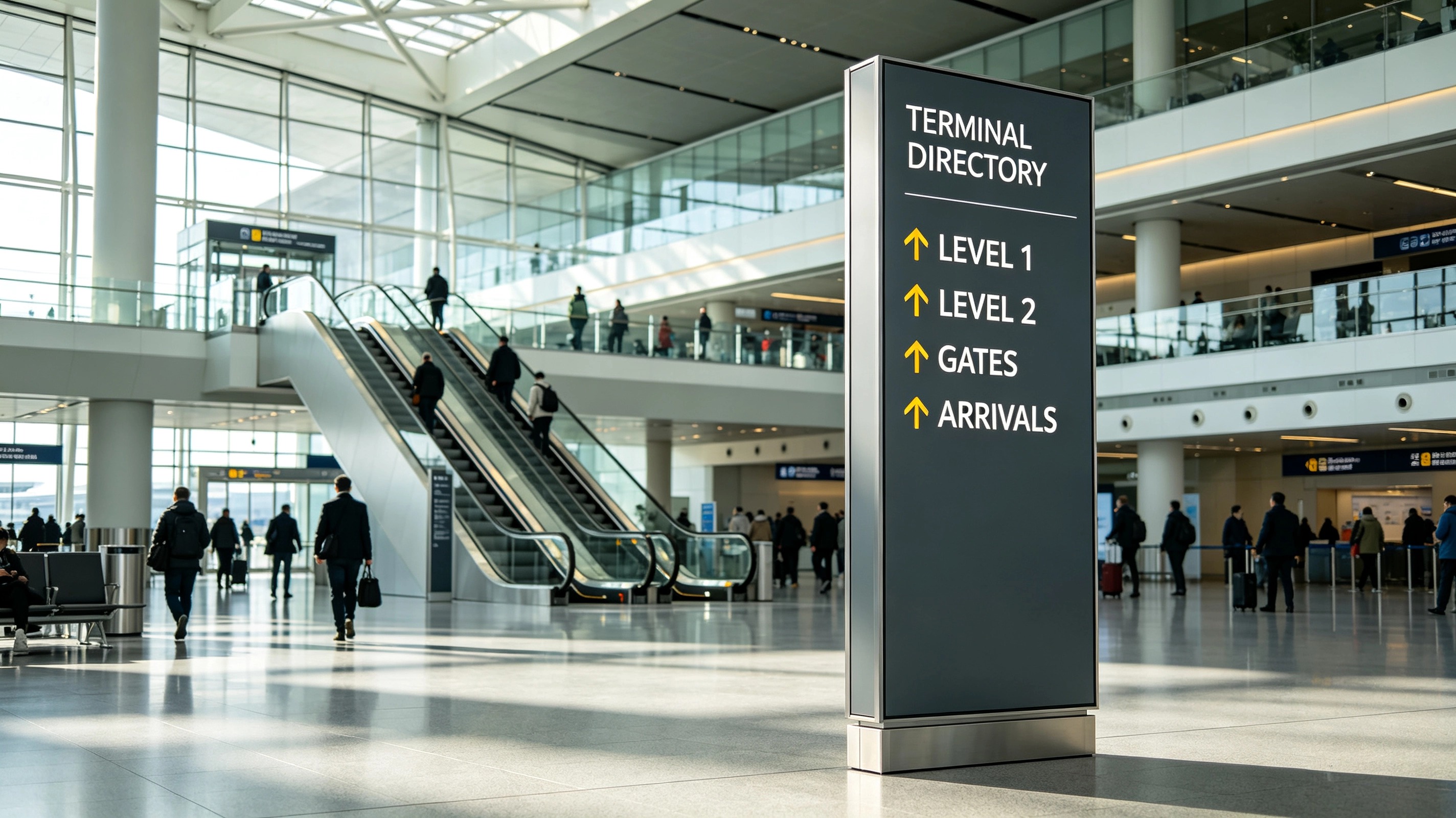 Airport directory and information signage system helping passengers locate facilities services and destinations